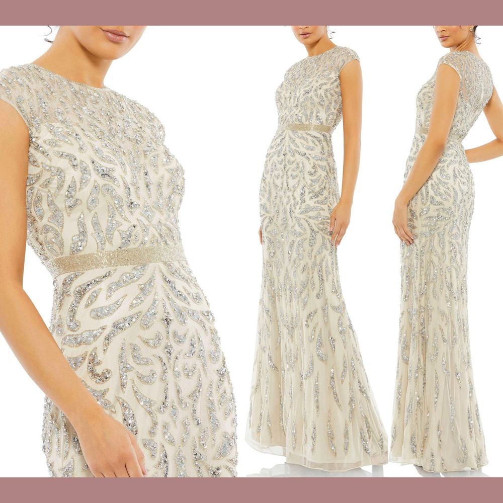 NWT Mac Duggal [ 4 ] Embellished Illusion Cap Sleeve‎ Column Gown in Nude #S1081